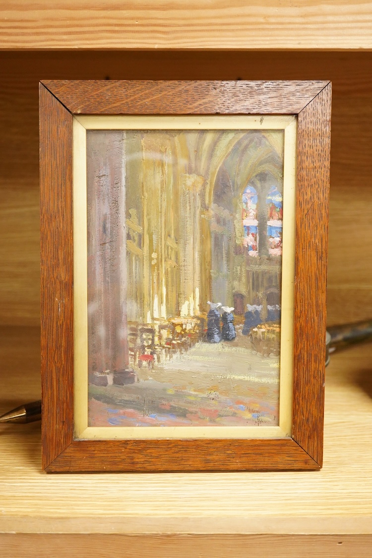 Early 20th century school, abbey interior with nuns, unsigned, Impressionist oil on board, 22 x 14cm